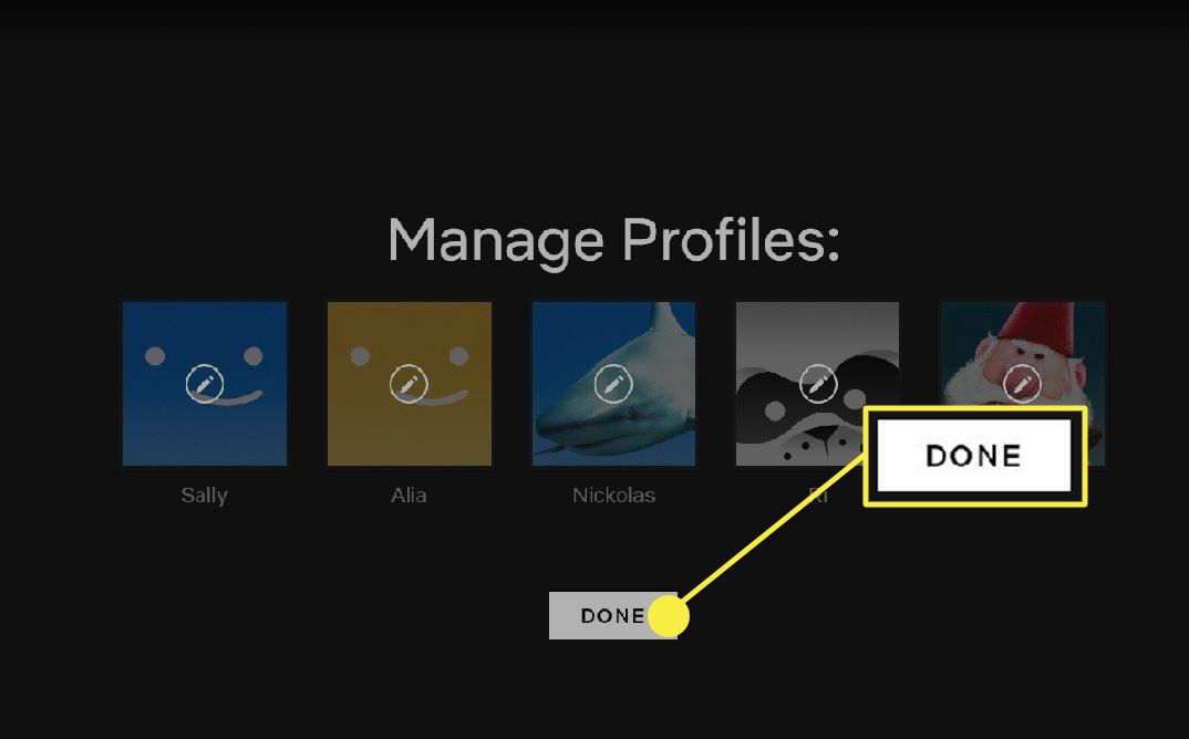 Tela Netflix Manage Profiles com o botão Done