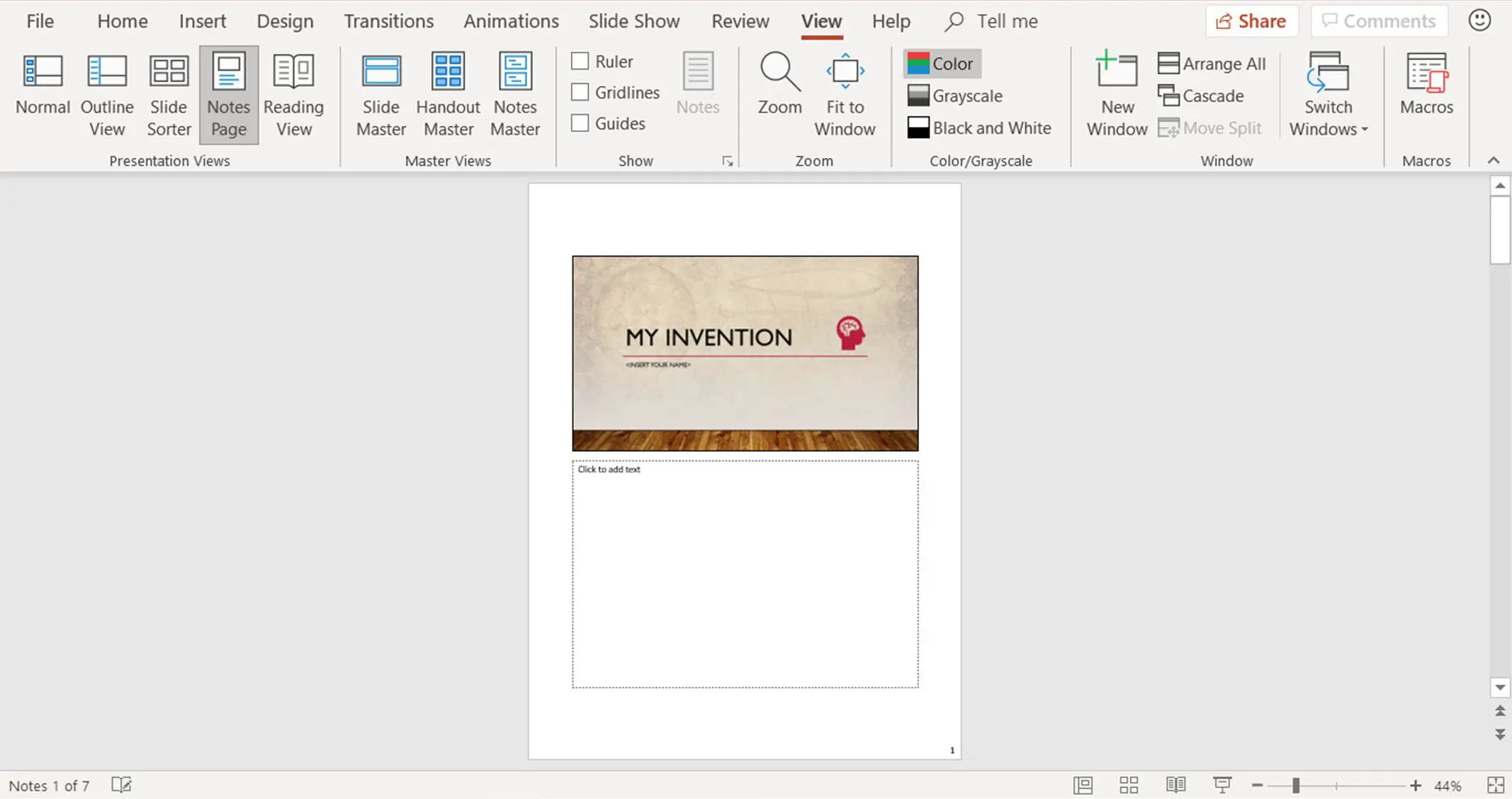 Captura de tela mostrando a visualização da página de notas no PowerPoint