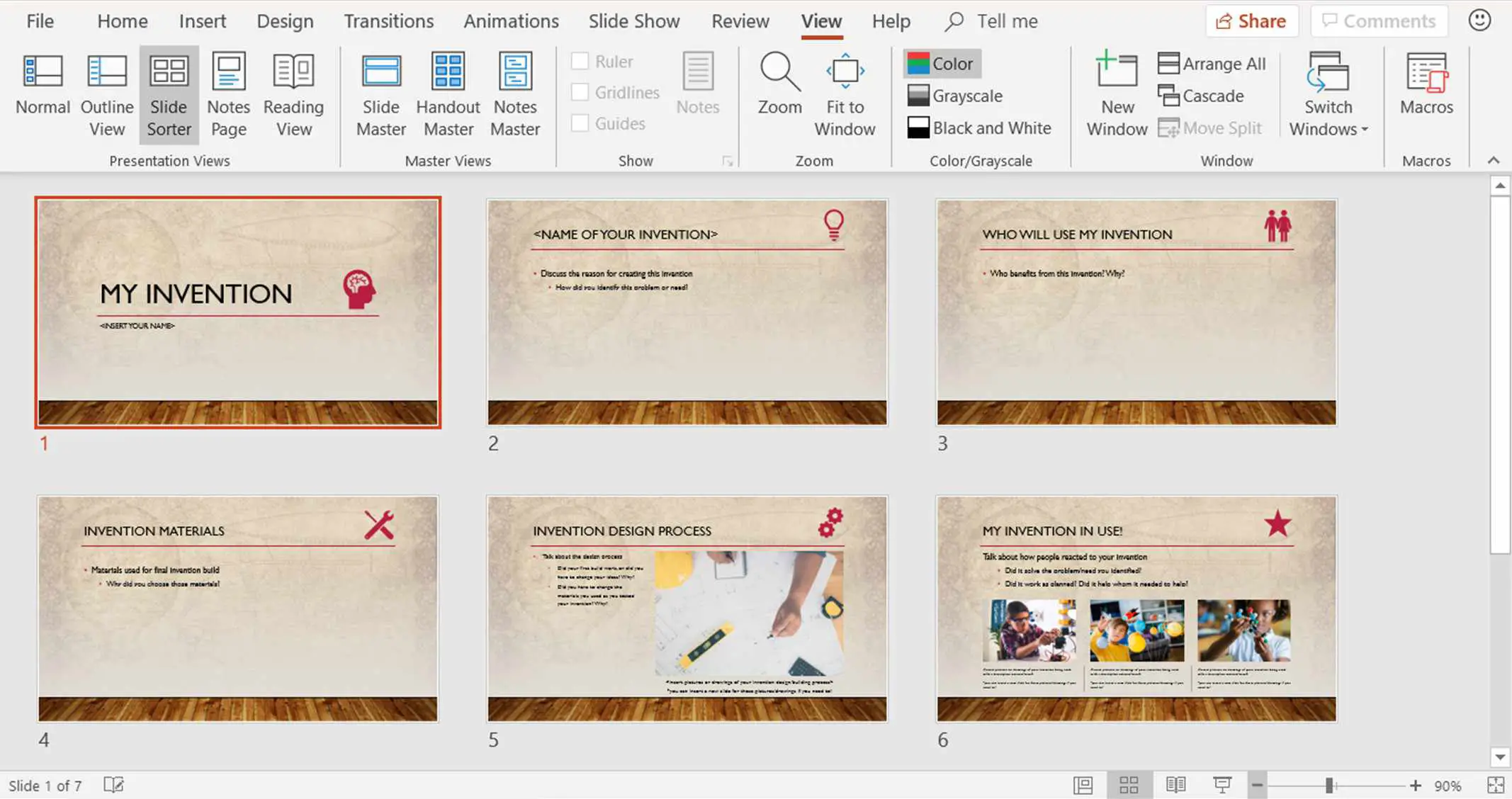 Captura de tela mostrando a visualização do Classificador de slides no PowerPoint
