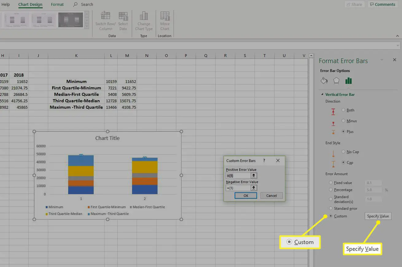 Caixa de diálogo Barras de erro personalizadas no Excel