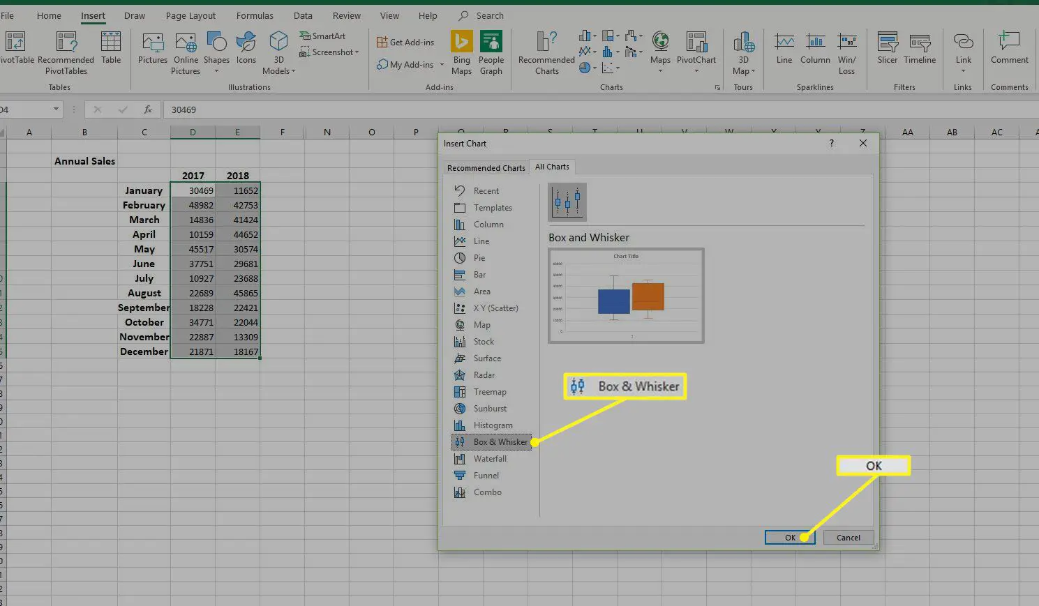 Opção Box & Whisker no Excel