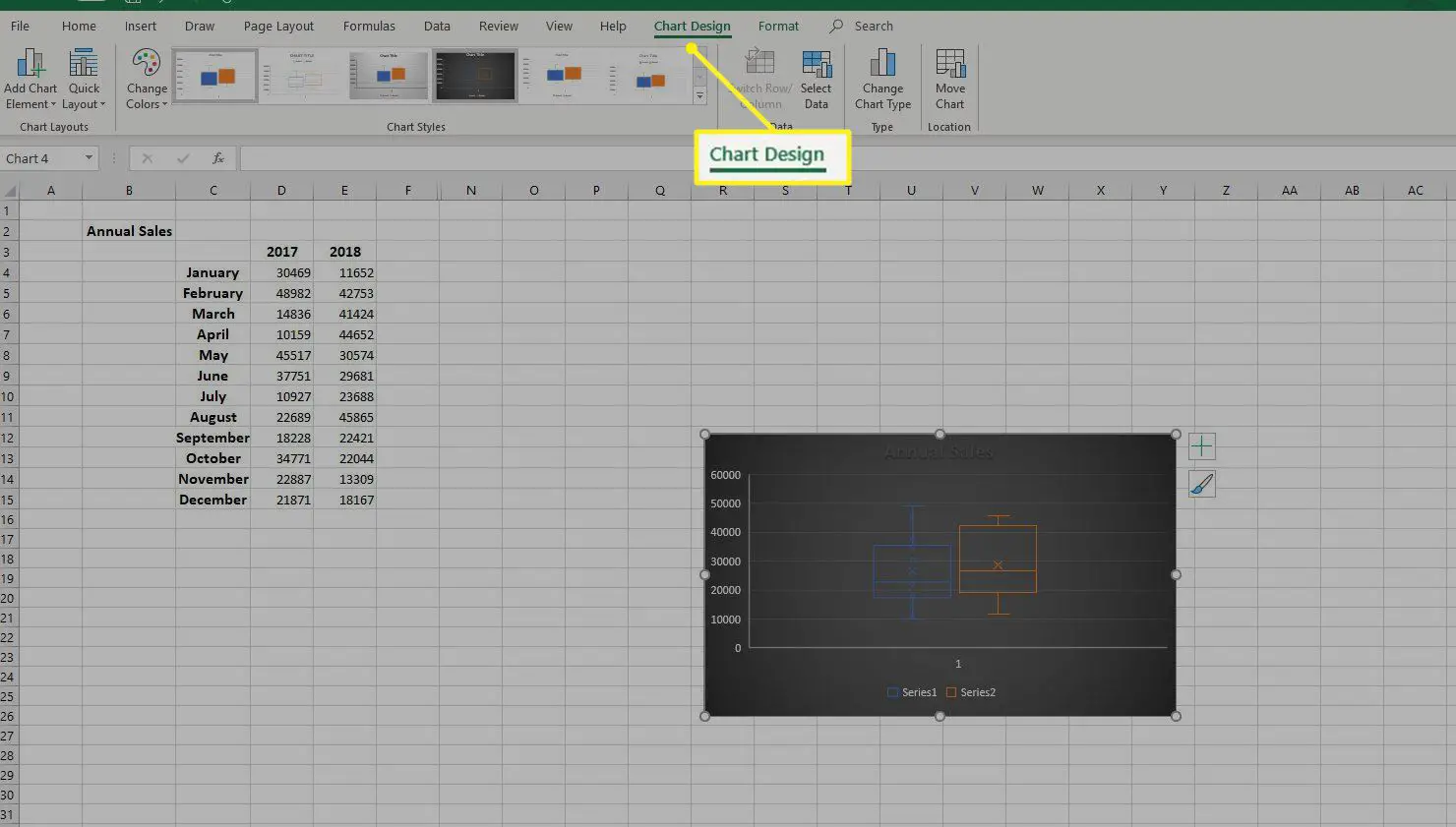 Opções de design de gráfico no Excel