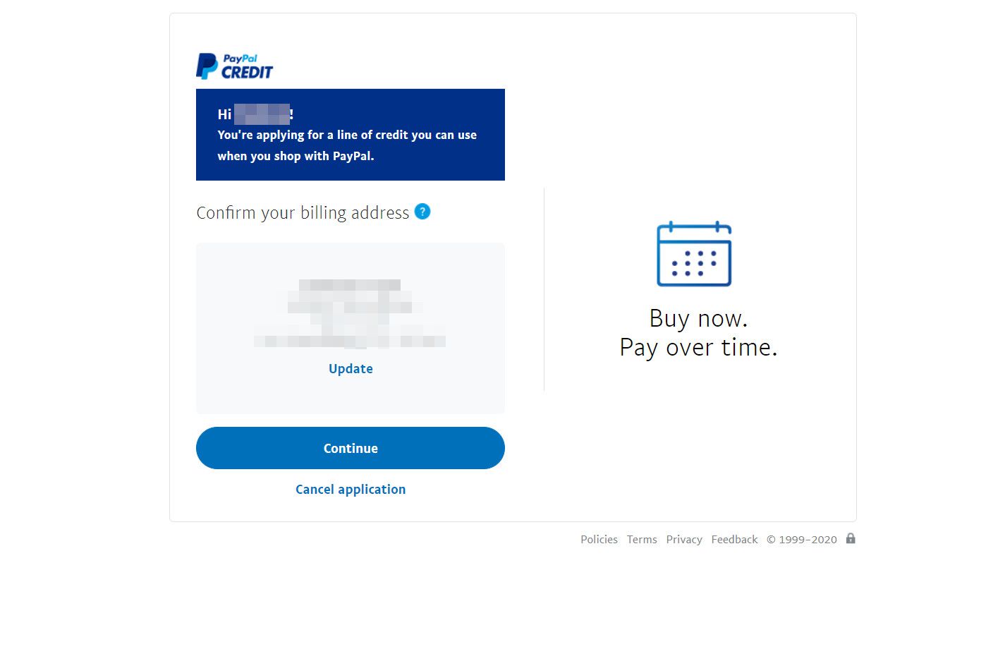Captura de tela do processo de inscrição de crédito do PayPal