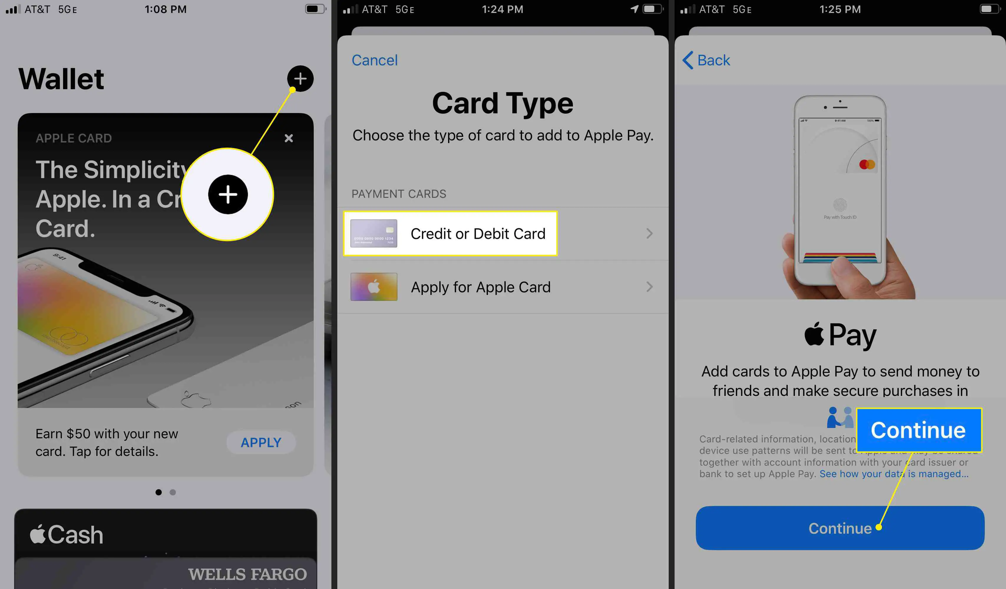 O botão Adicionar, a opção "Cartão de Crédito ou Débito" e o botão Continuar