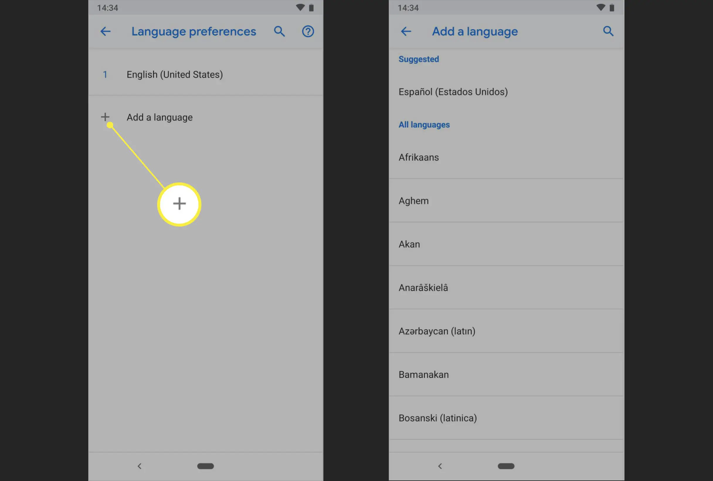 Telas de preferência de idioma no Android