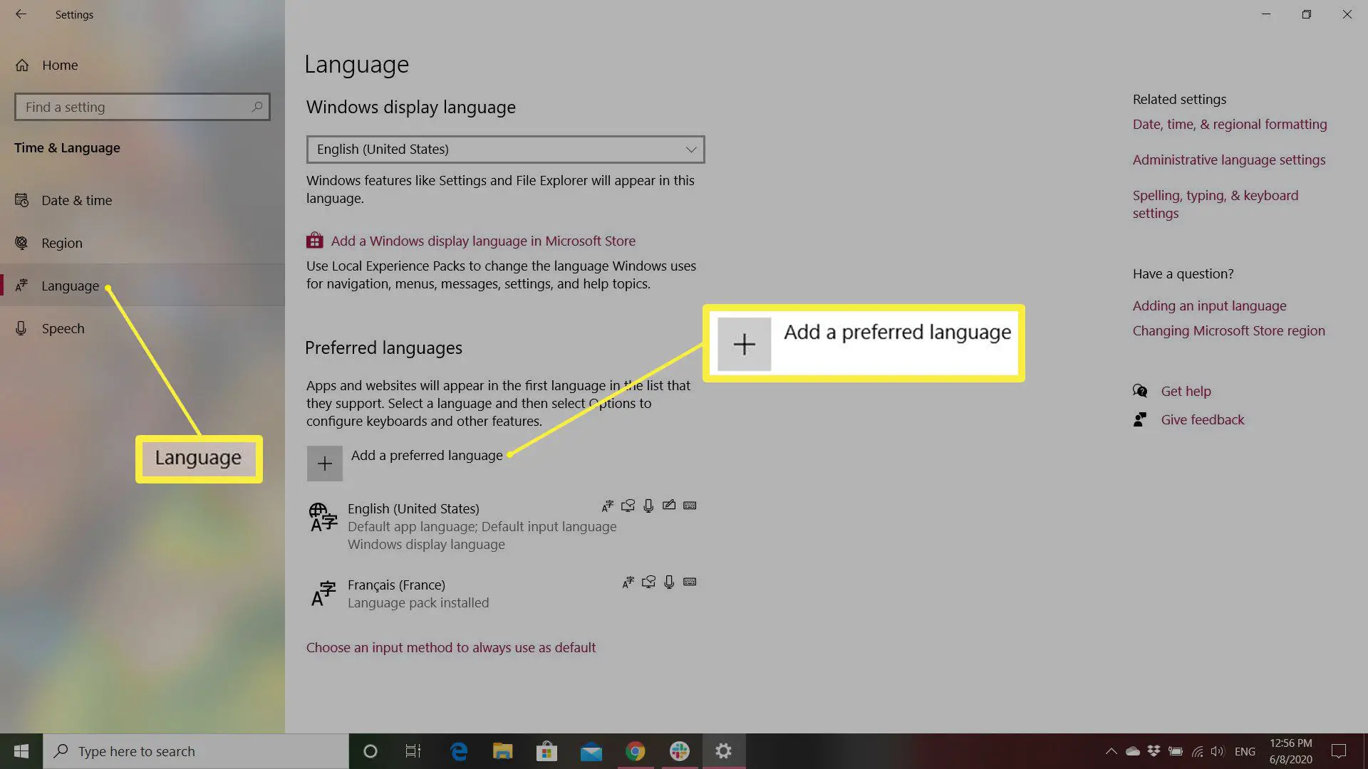 Configurações de idioma no Windows mostrando adicionar um idioma preferido
