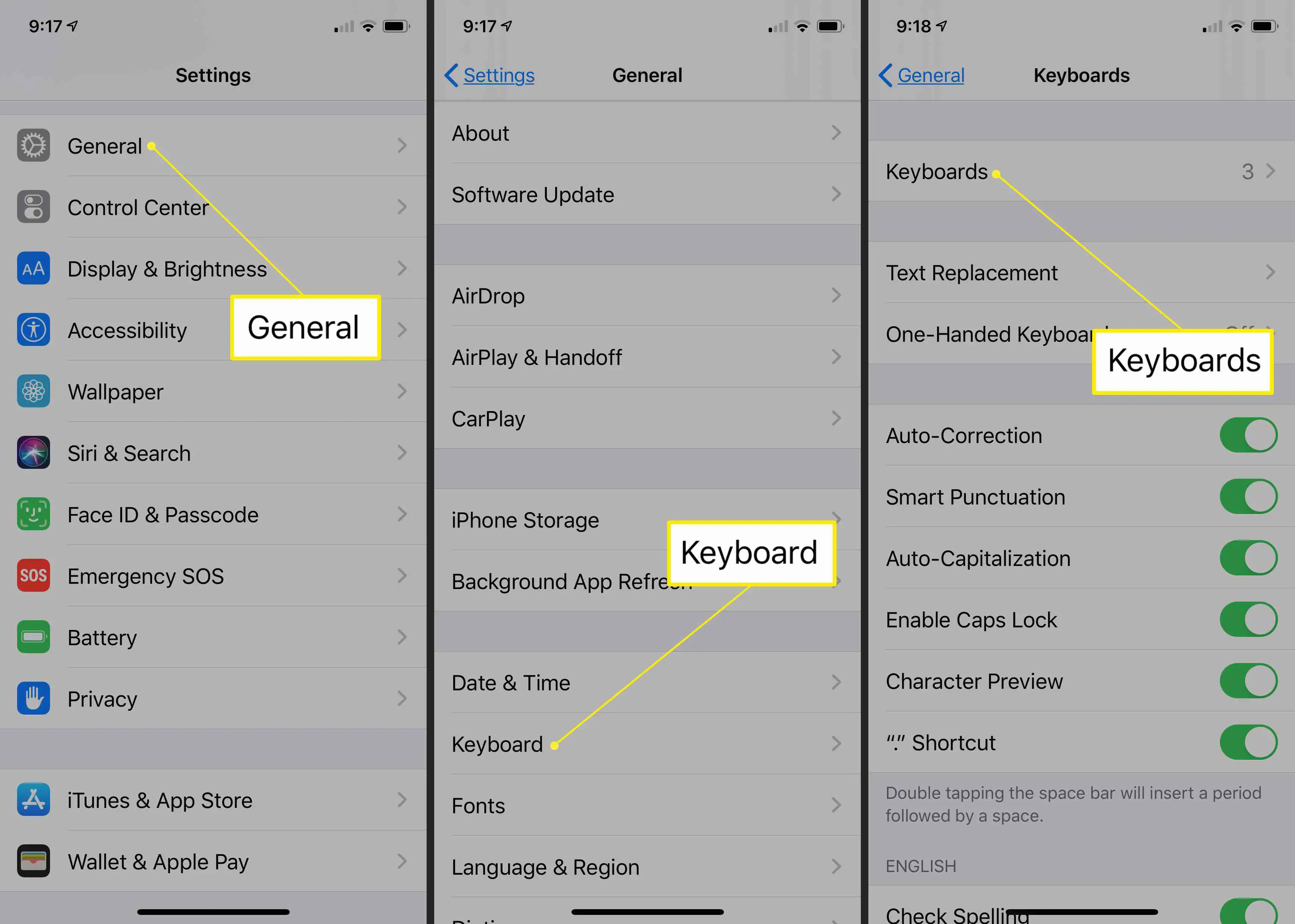 Configurações de teclado no iOS