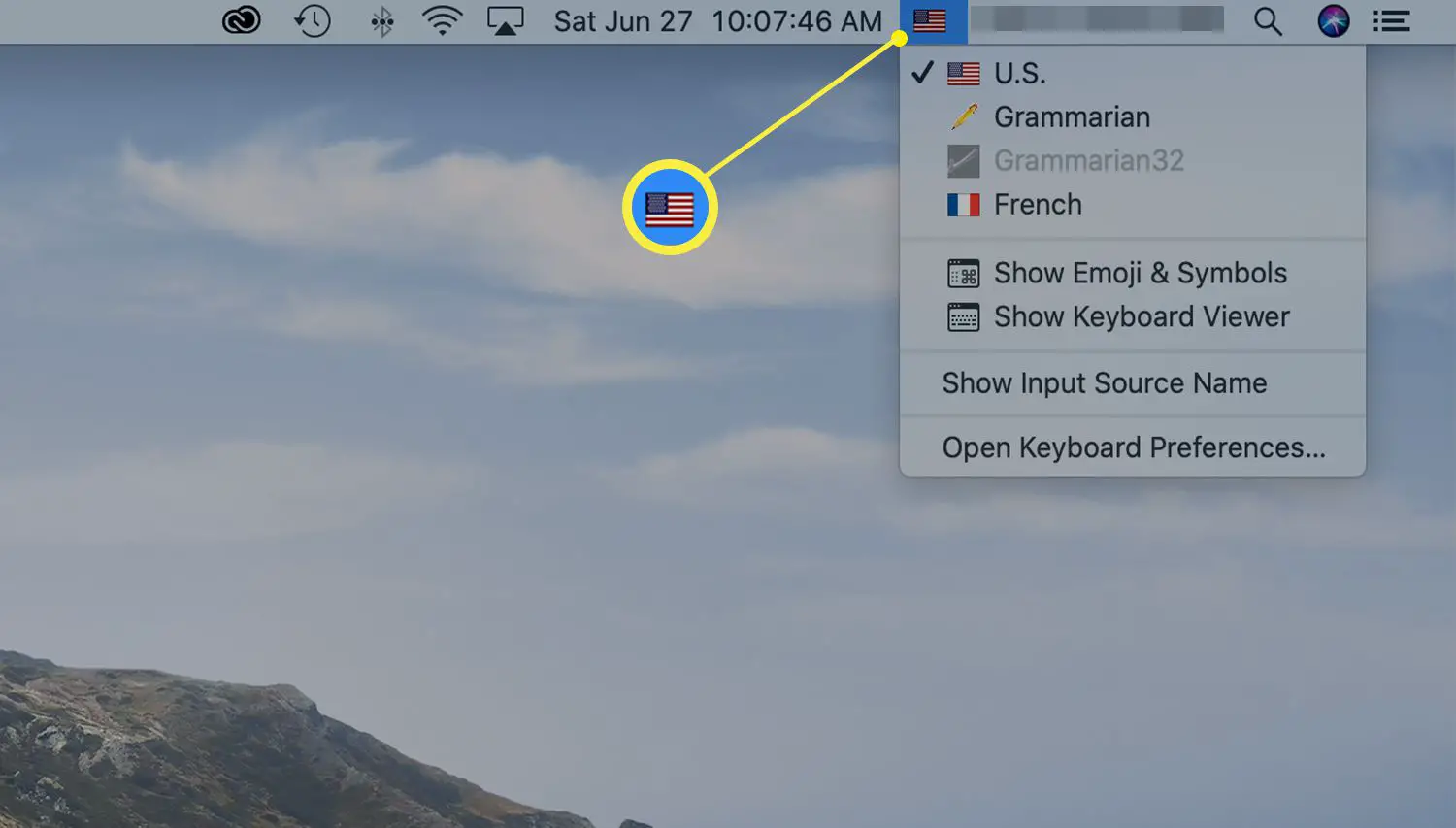 Menu de entrada na barra de menu do Mac