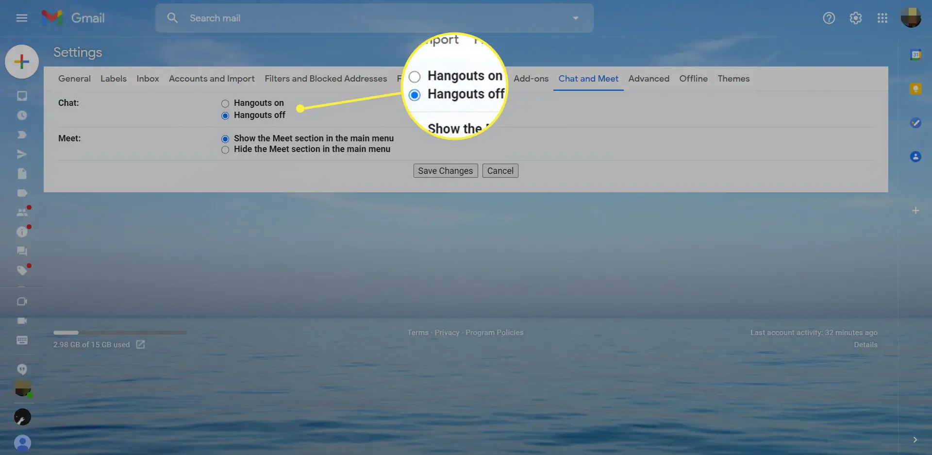 Configurações do Gmail com o botão Hangouts desativado em destaque