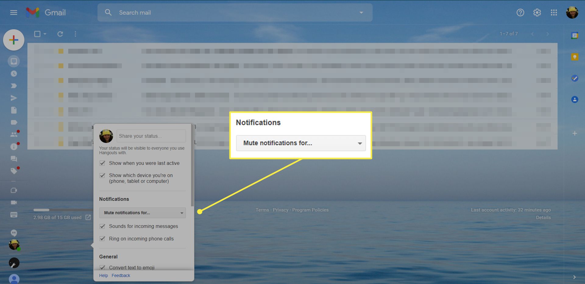 Configurações do Hangouts do Gmail com o menu Silenciar notificações para destacado