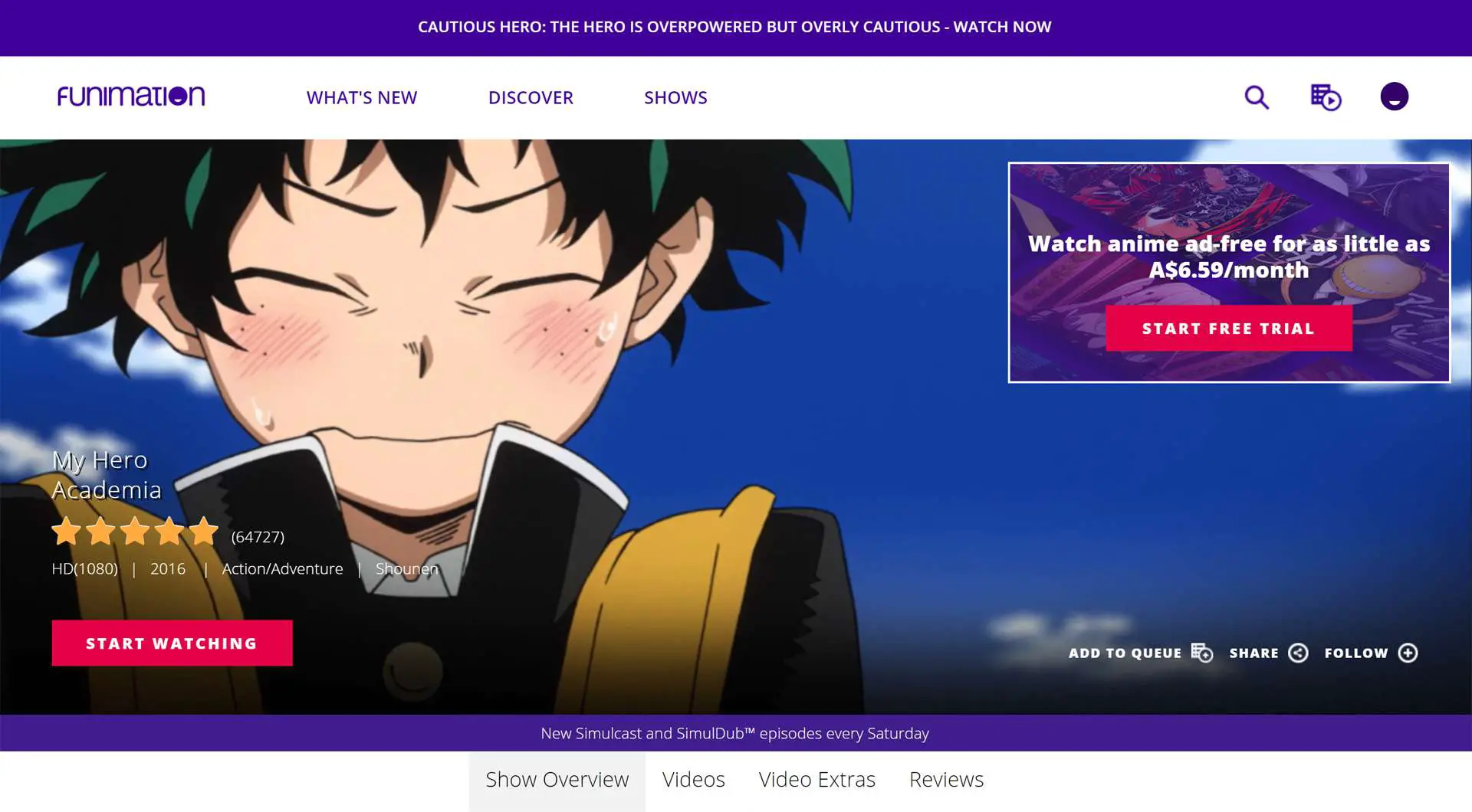 Funimation Now serviço de streaming de anime no site da Funimation.