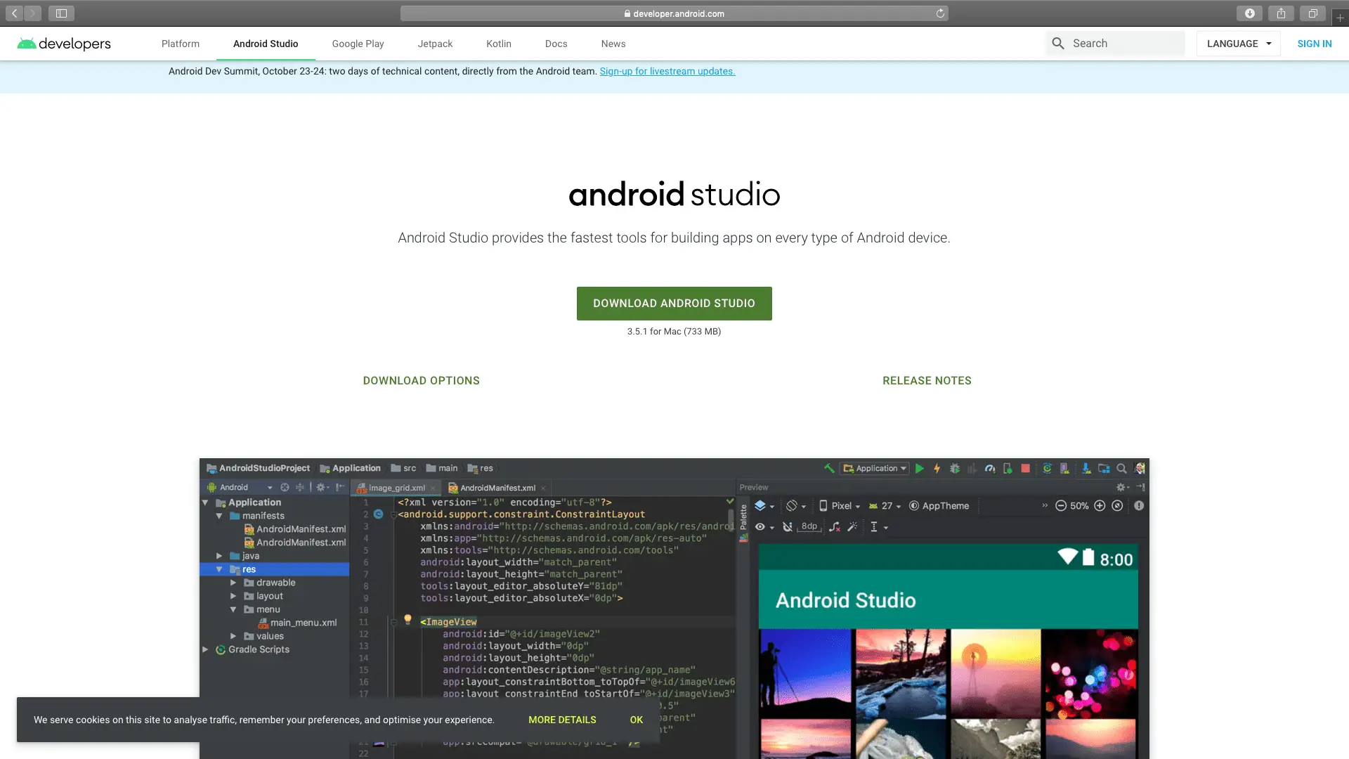 Página de download do Android Studio