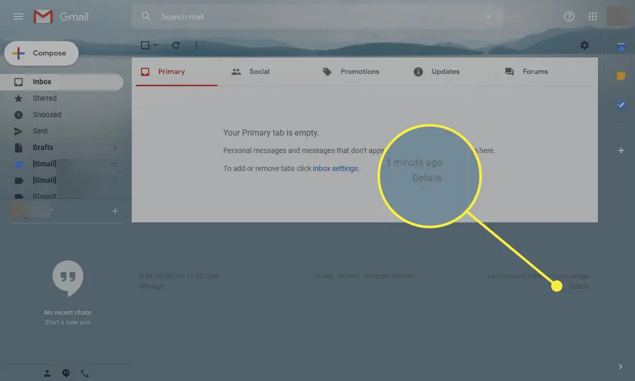 Gmail com o botão Detalhes destacado