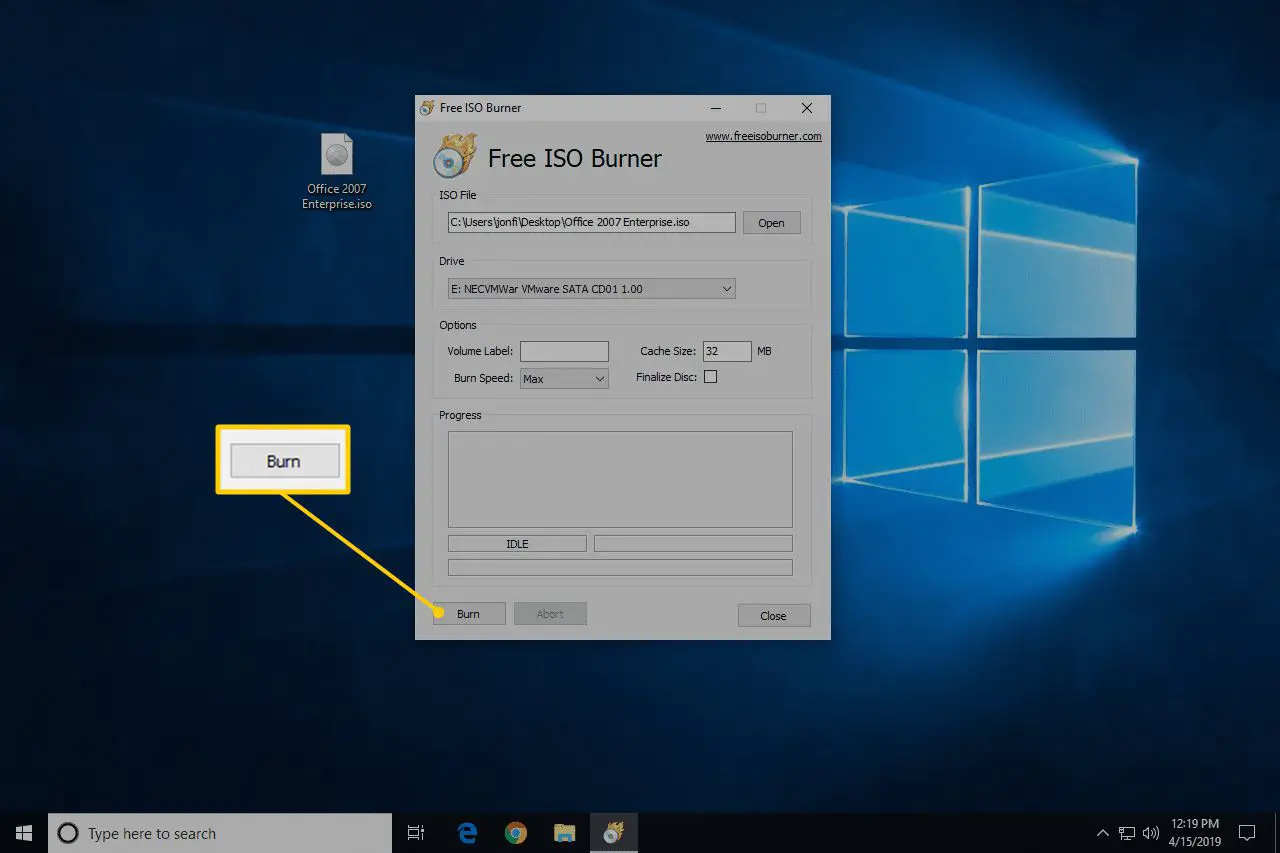 Botão Gravar no aplicativo Free ISO Burner no Windows