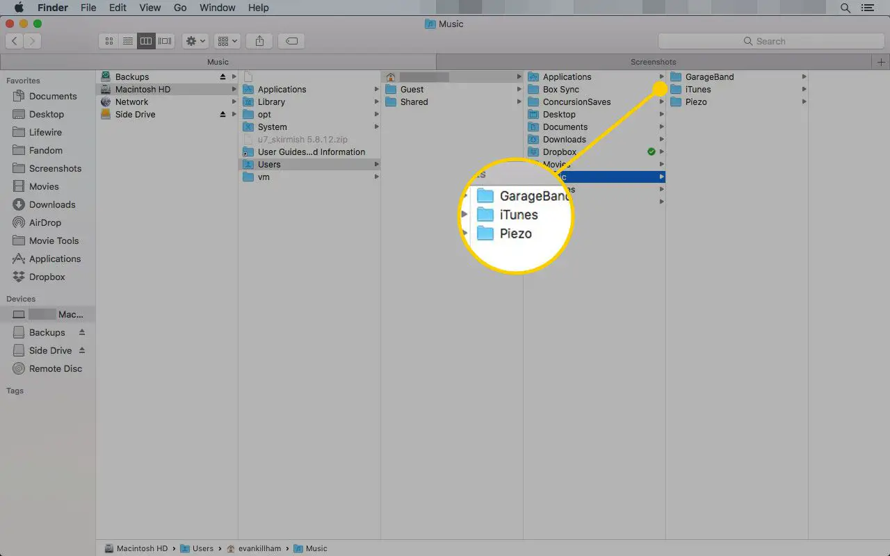 Finder em um Mac com o caminho para a pasta do iTunes em destaque