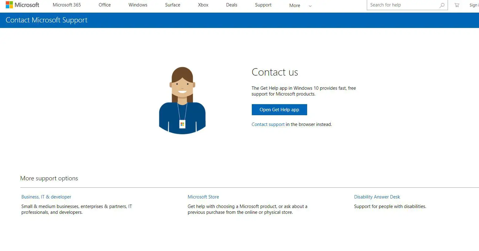 Abra o botão do aplicativo Obter Ajuda na página Entre em contato com o Suporte da Microsoft