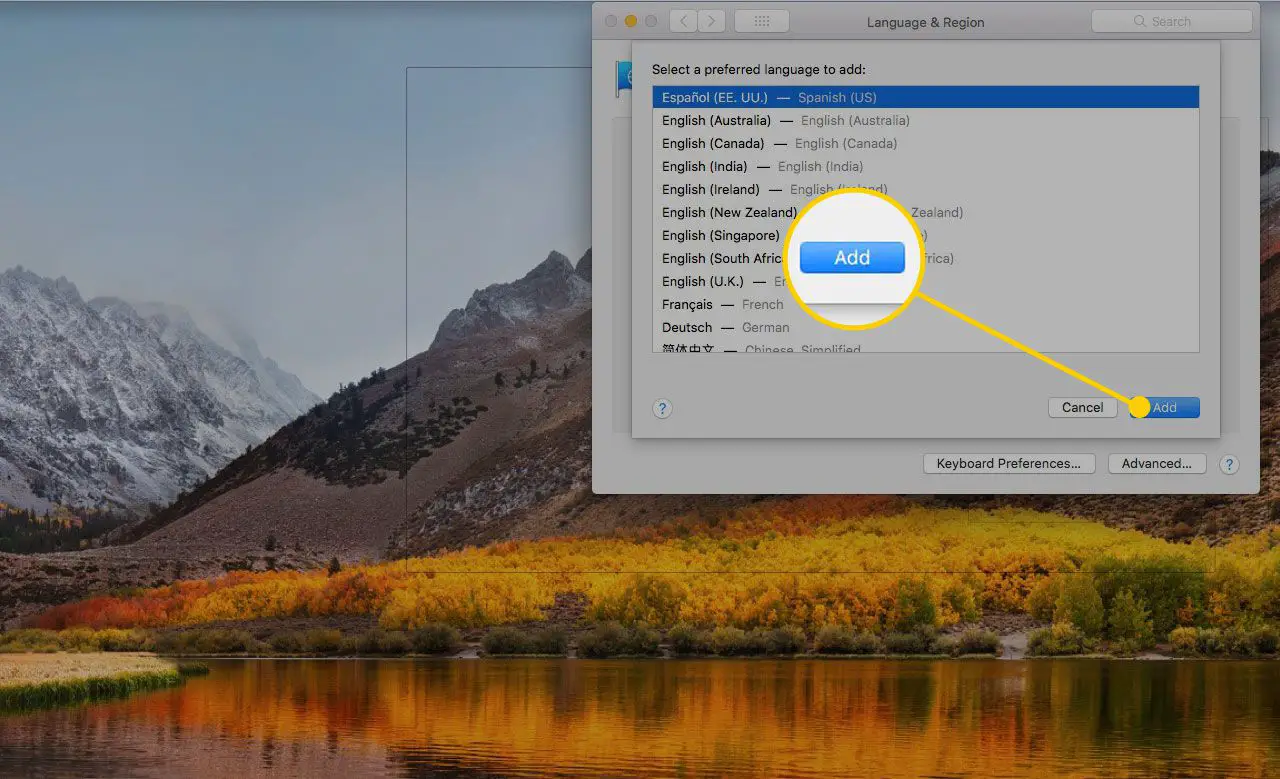 Tela de idiomas nas Preferências do sistema do macOS com o botão Adicionar destacado