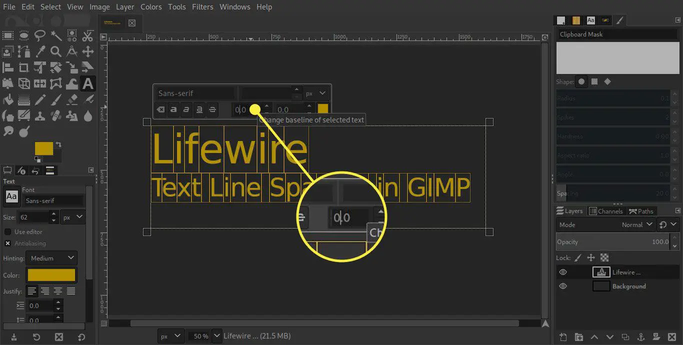 Uma captura de tela do GIMP com o comando Line Spacing destacado