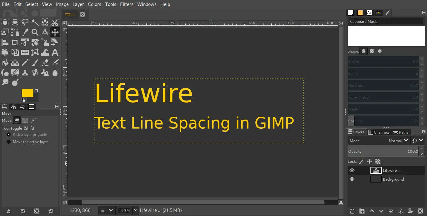Texto GIMP com espaçamento de linha alterado