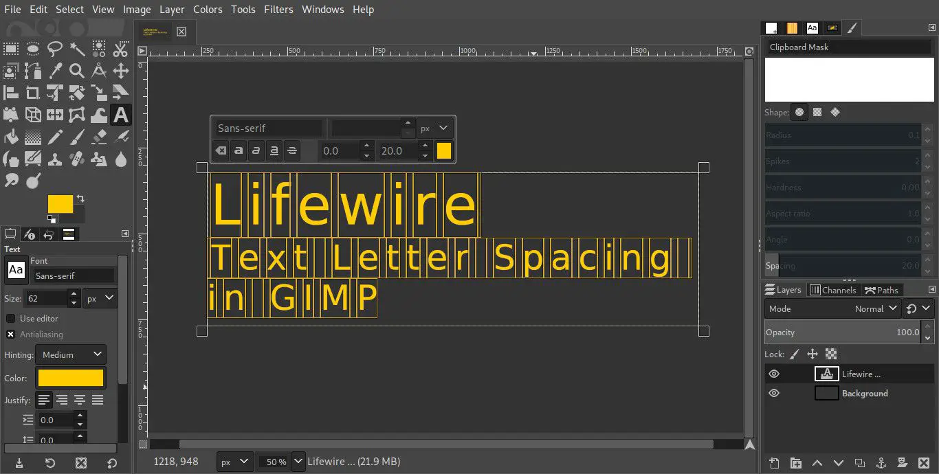 GIMP altera o espaçamento das letras