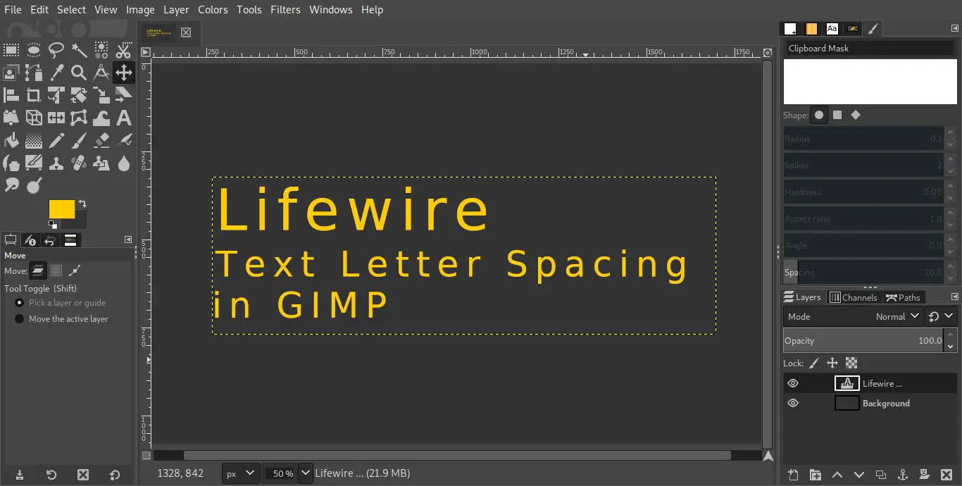 Texto do GIMP com espaçamento entre letras alterado