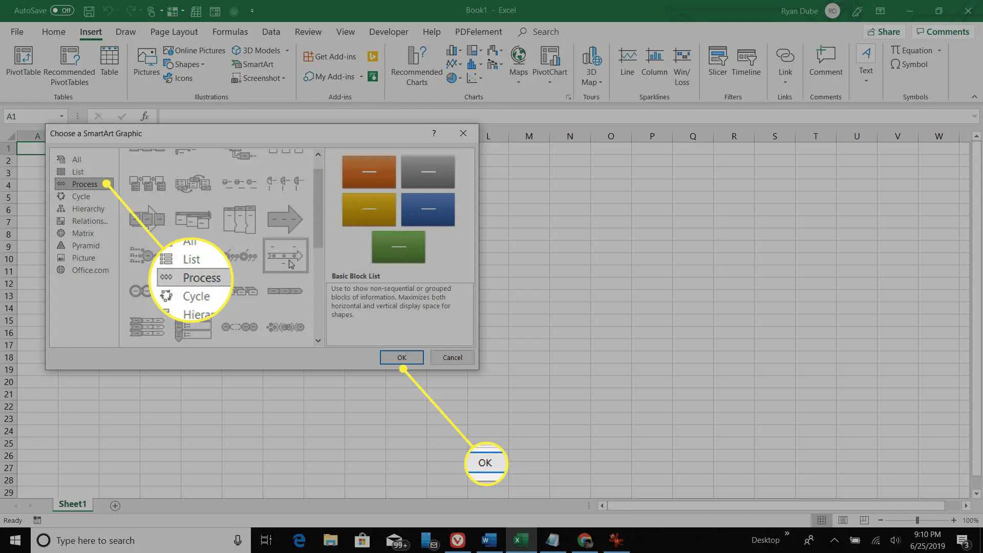 Selecionando uma Linha do Tempo Básica do Excel SmartGraphic