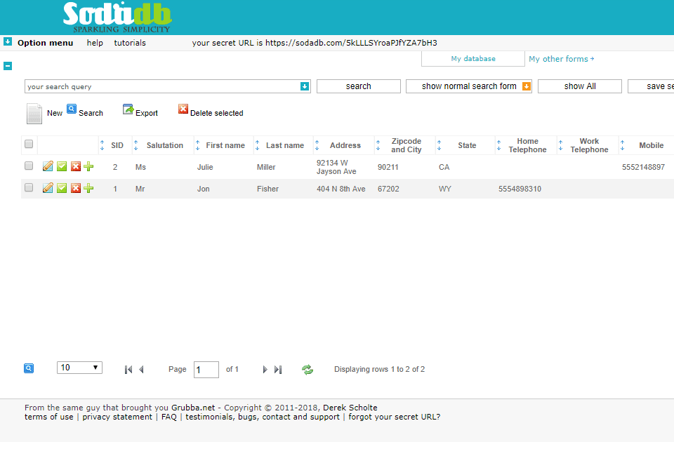 Captura de tela do criador de banco de dados online gratuito Sodadb