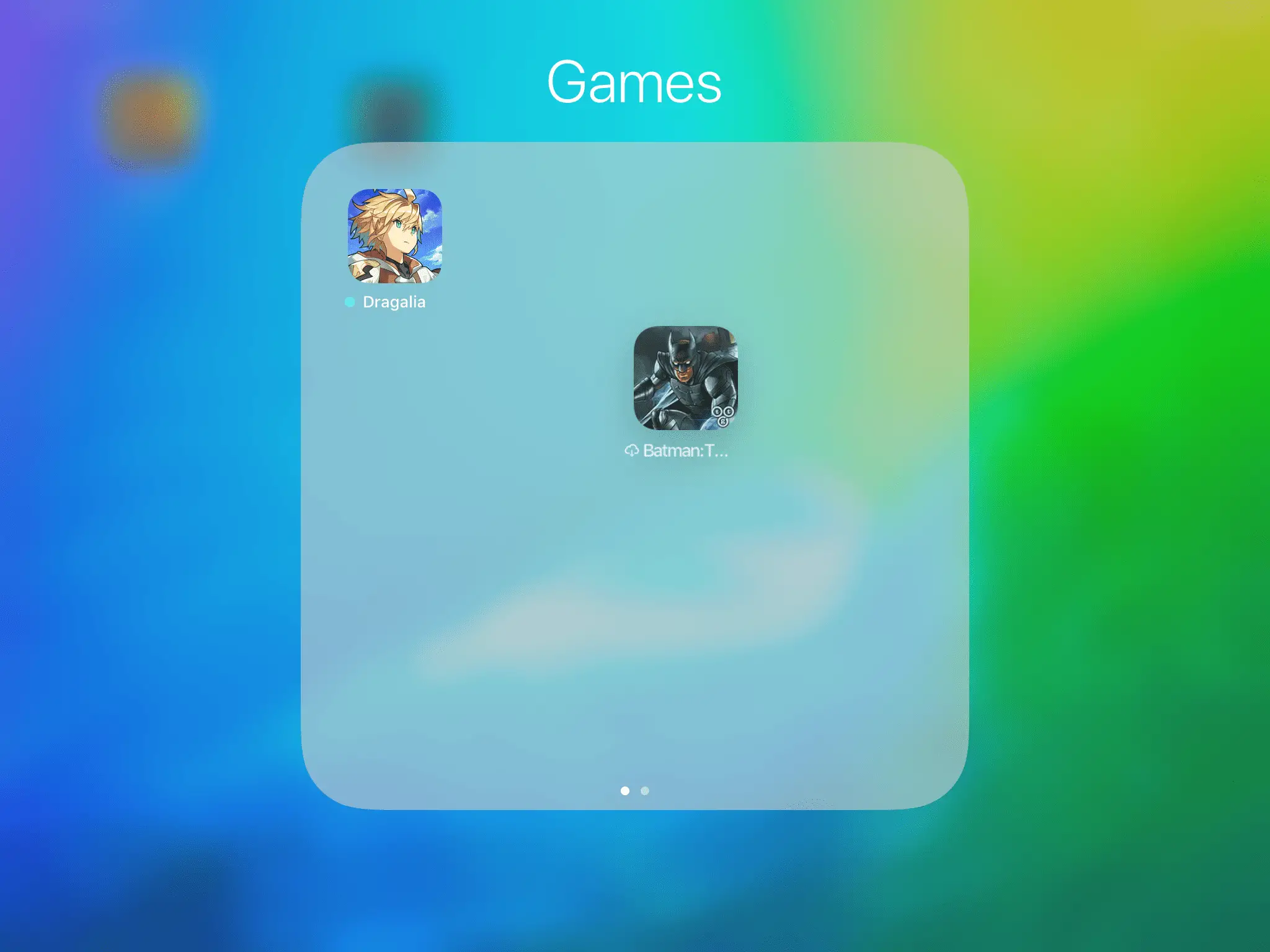 Pasta "Jogos" criada ao arrastar o jogo do Batman para cima do ícone do jogo Dragalia no iPad