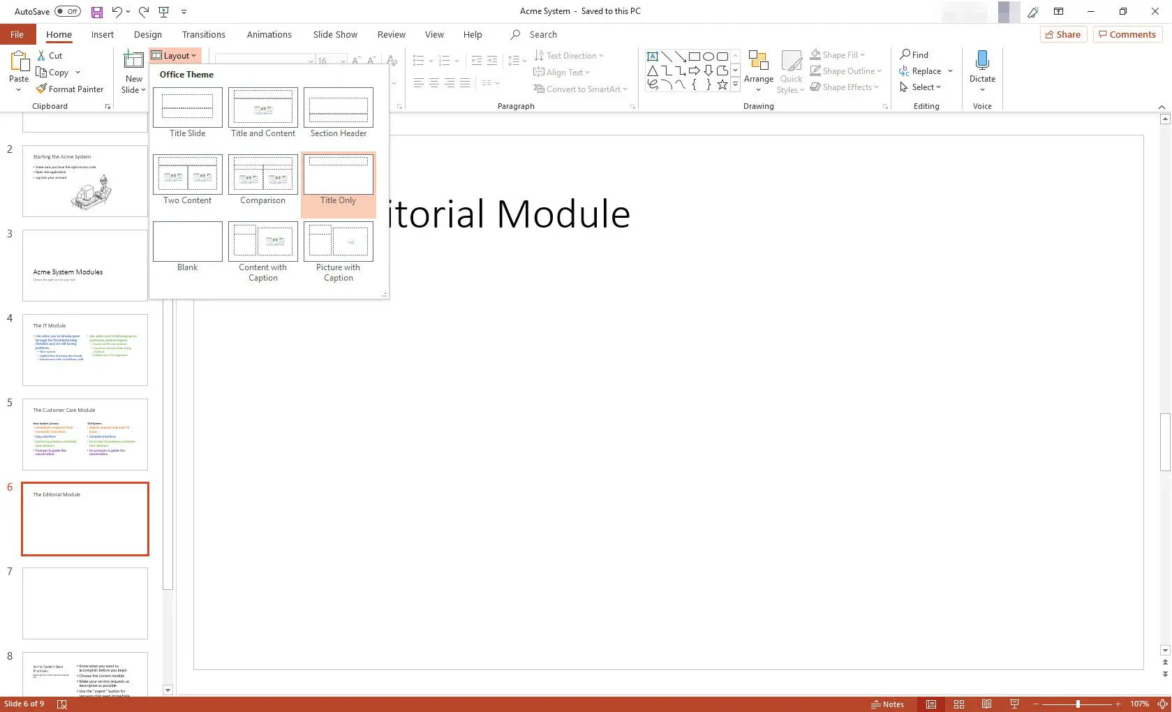 Apresentação em MS PowerPoint com opções de layout exibidas