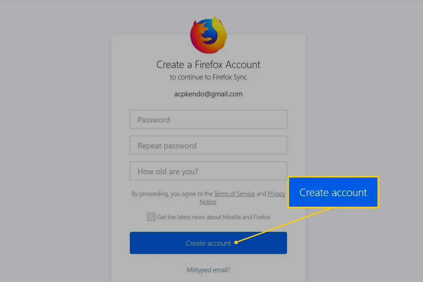 Botão Criar conta na página Criar uma conta do Firefox