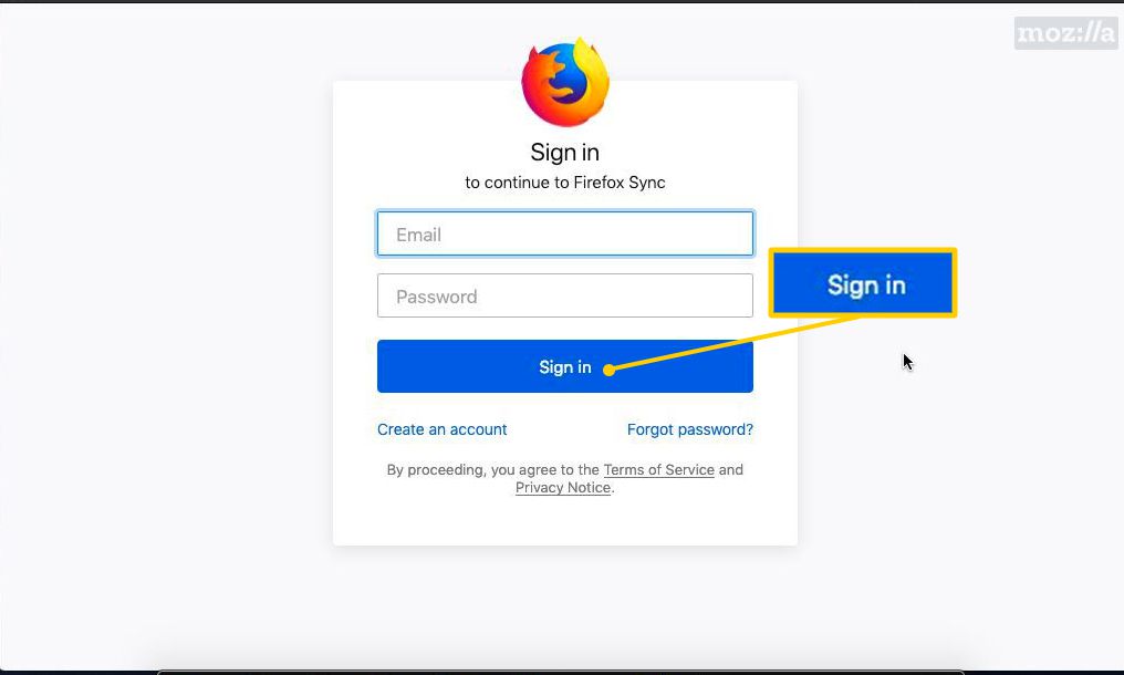 Botão de login para Firefox Sync na web