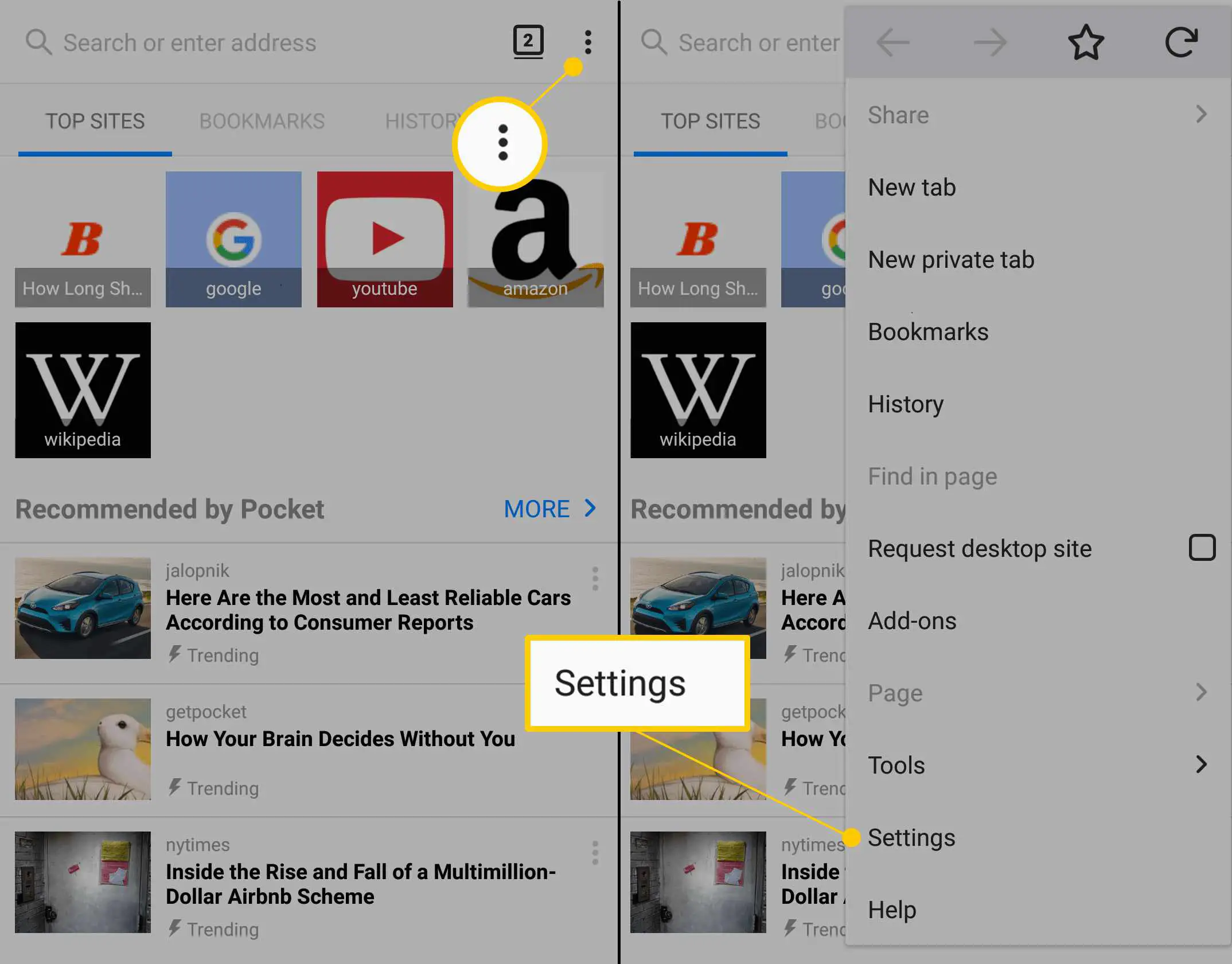 Ícone de menu de três pontos e item de configurações no Firefox para celular