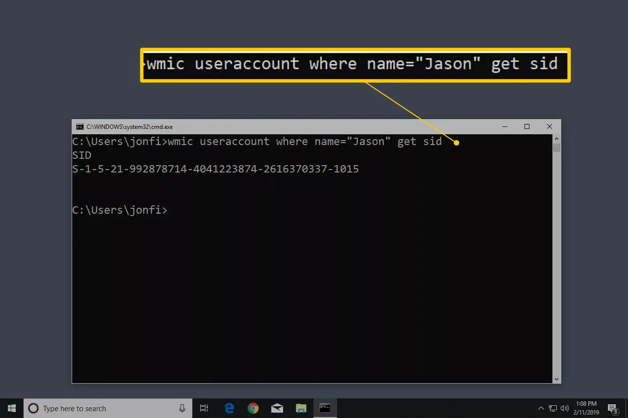 wmic useraccount onde o comando name no Windows 10