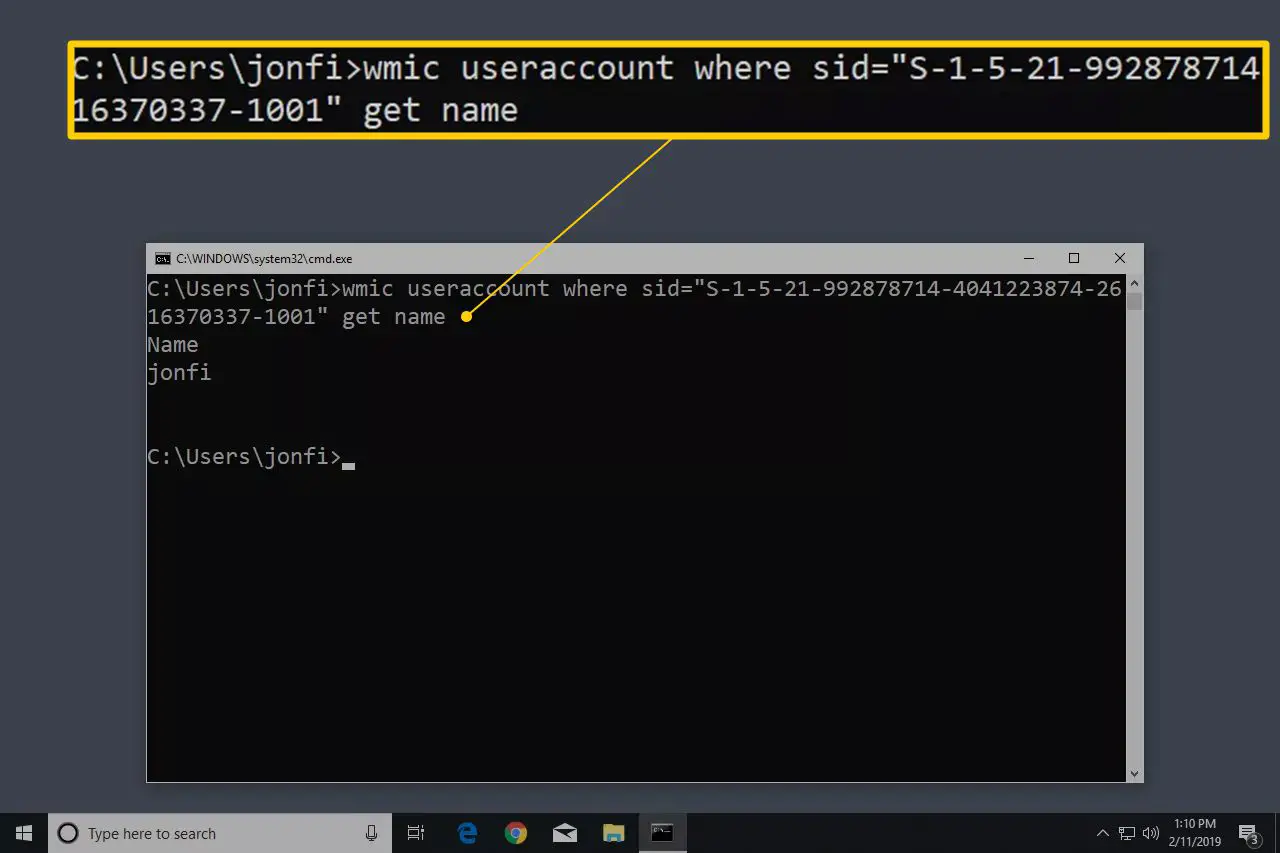 wmic useraccount em que o comando sid no Windows 10