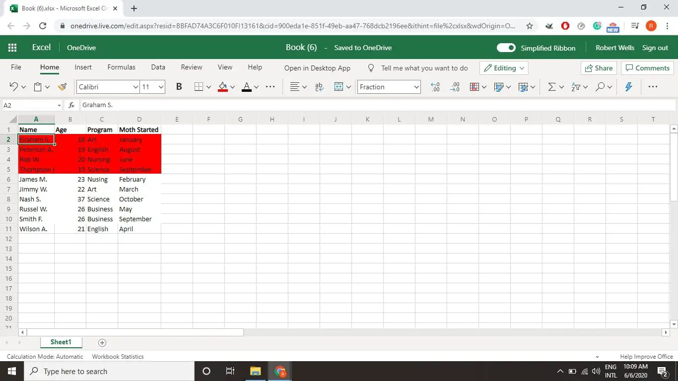 Os quatro registros com fundos vermelhos agrupados no topo do intervalo de dados no Excel