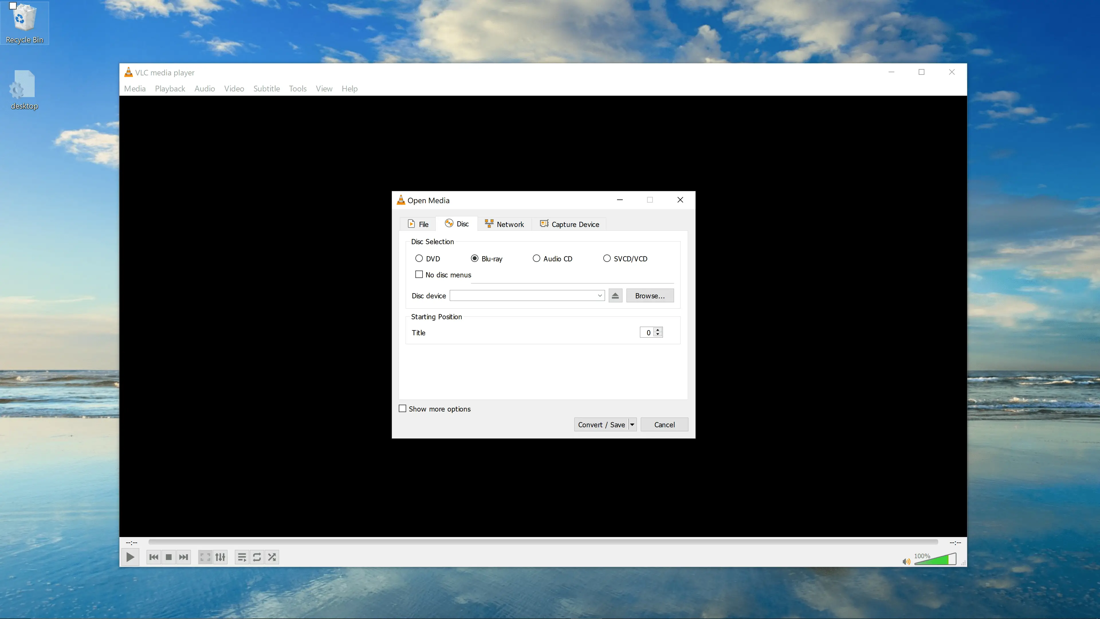 Uma captura de tela das configurações do ripador de Blu-ray do VLC.