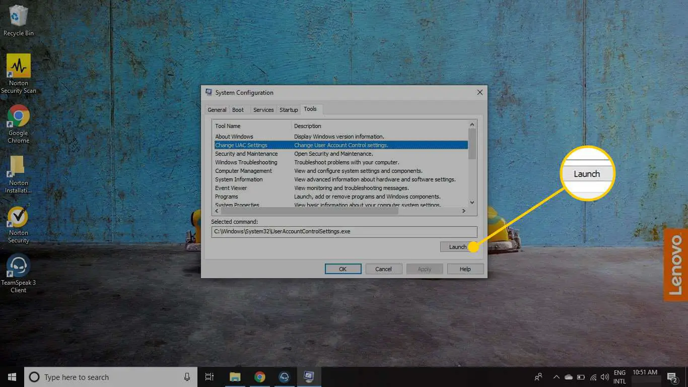 Configuração do sistema no Windows com o botão Iniciar destacado