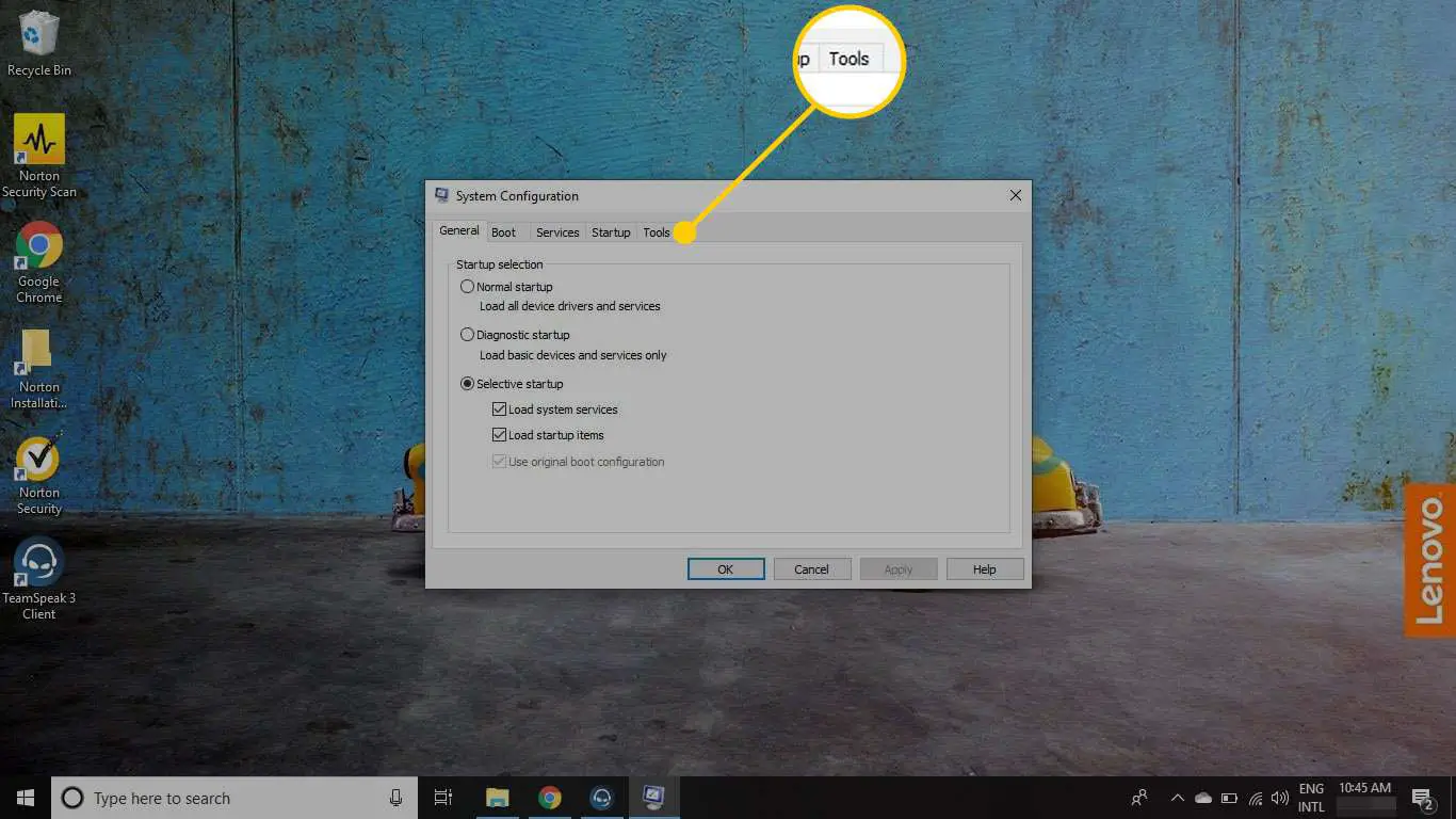 Configuração do sistema no Windows com a guia Ferramentas destacada