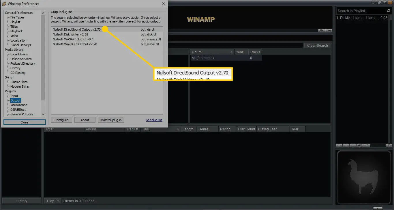 Saída Nullsoft DirectSound nas preferências WinAmp
