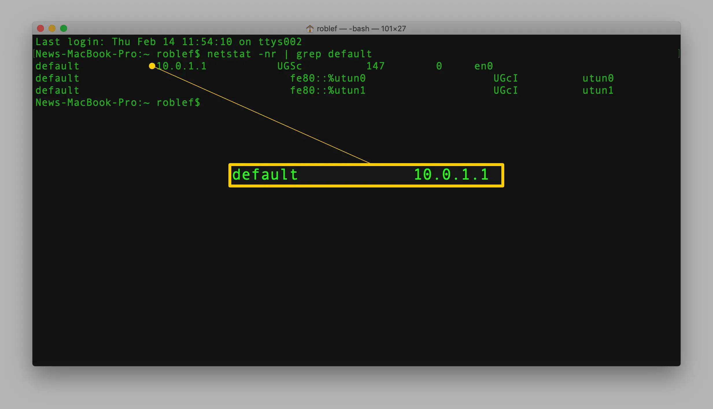 Comando netstat no Terminal do macOS com resultado padrão