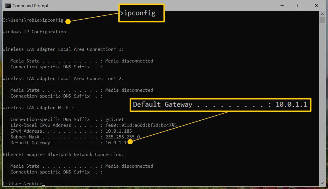 Comando ipconfig no prompt de comando, com resultado do gateway padrão