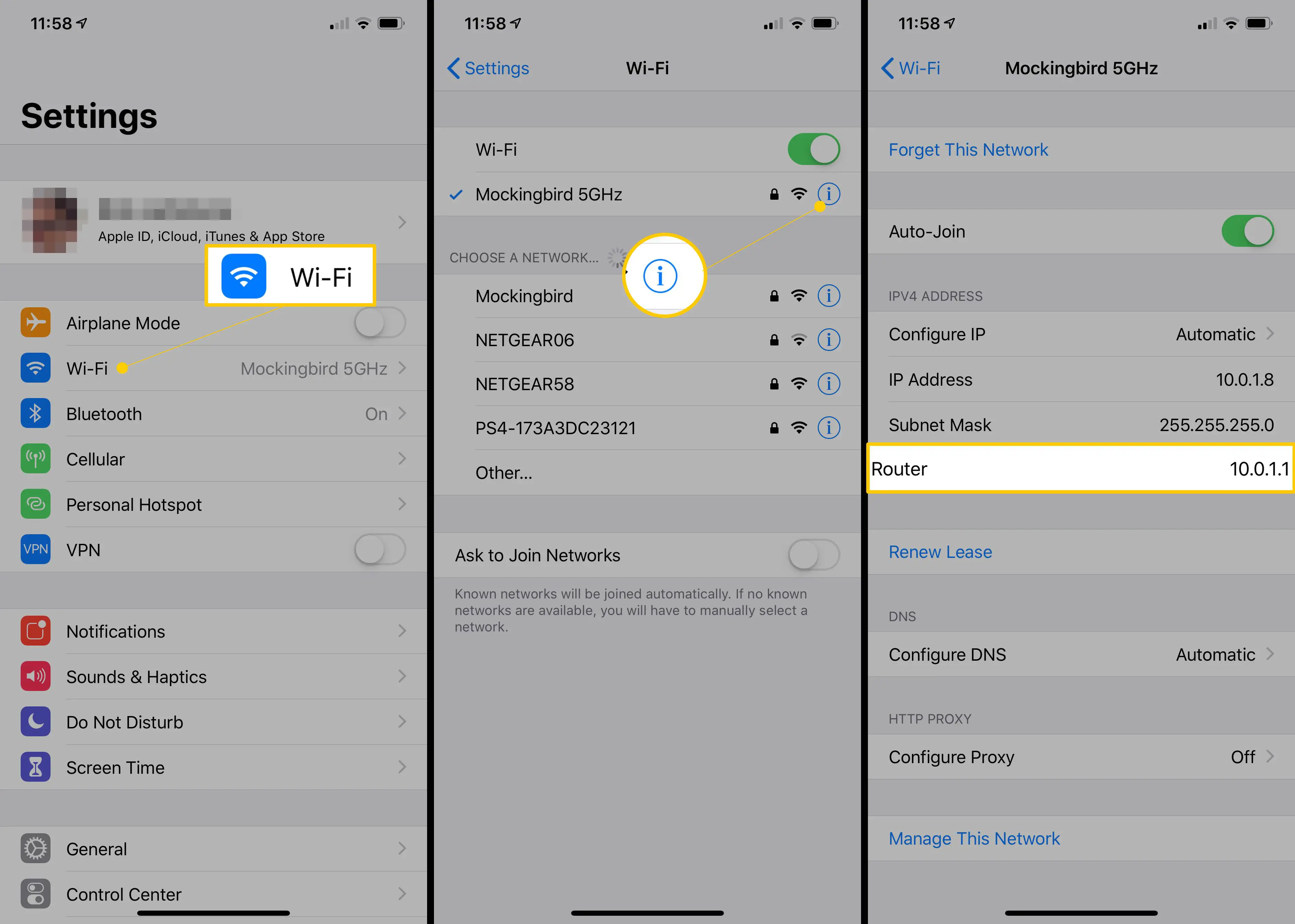 Wi-Fi, informações e telas de informações do roteador nas configurações do iOS