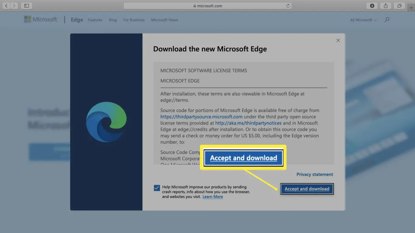 Uma captura de tela dos termos de licença do Microsoft Edge no Mac.