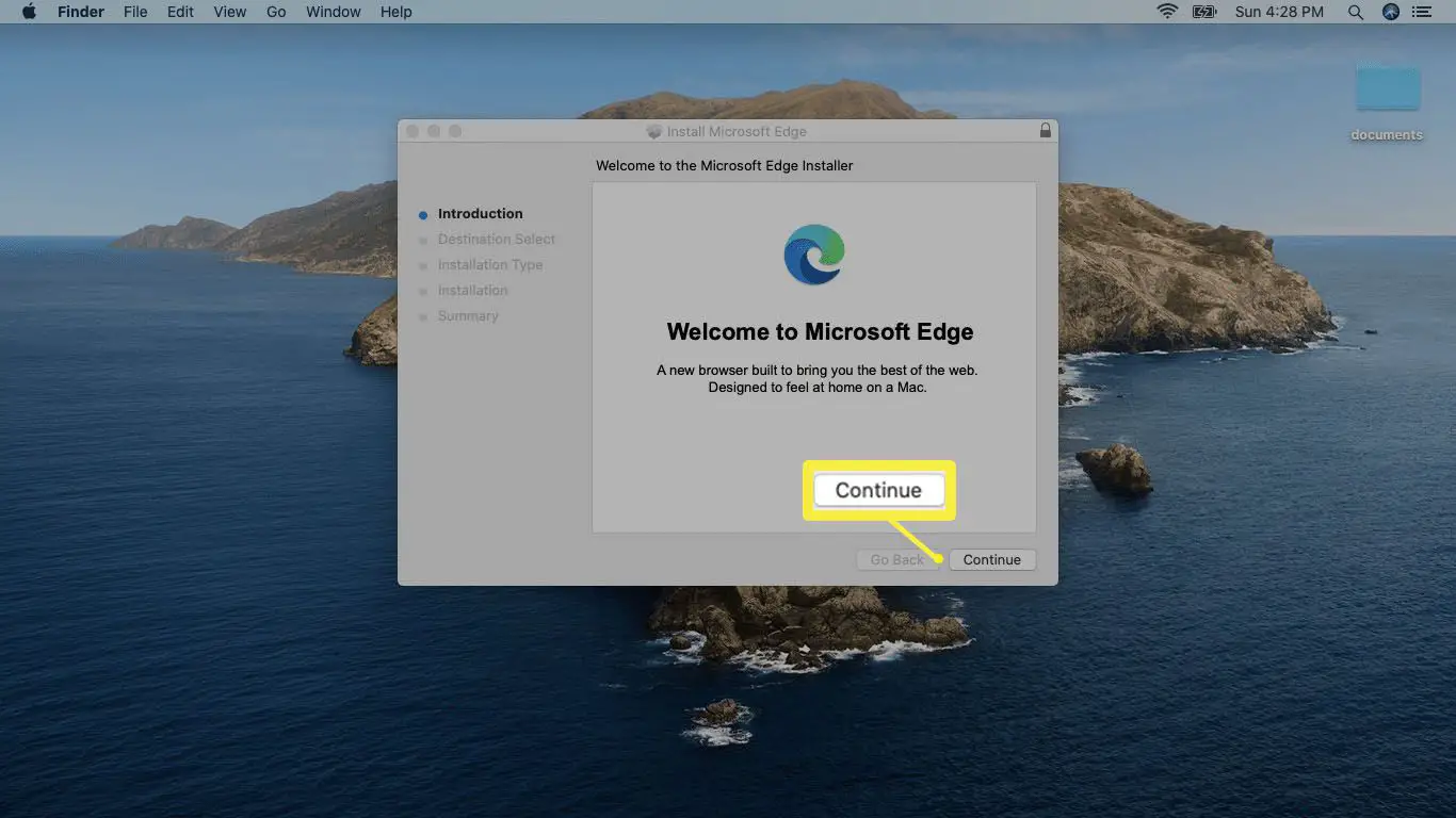 Uma captura de tela do instalador do Microsoft Edge no Mac.
