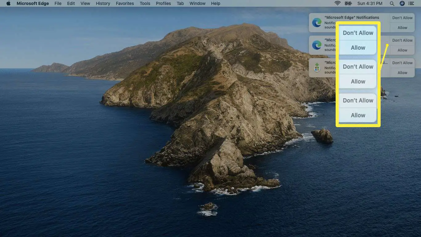 Uma captura de tela das solicitações de permissão de alerta do Edge no Mac.