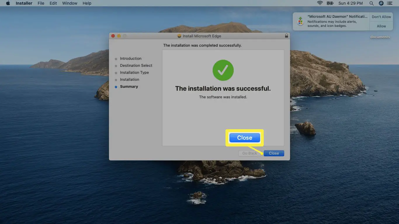 Uma captura de tela de uma instalação bem-sucedida do Edge no Mac.