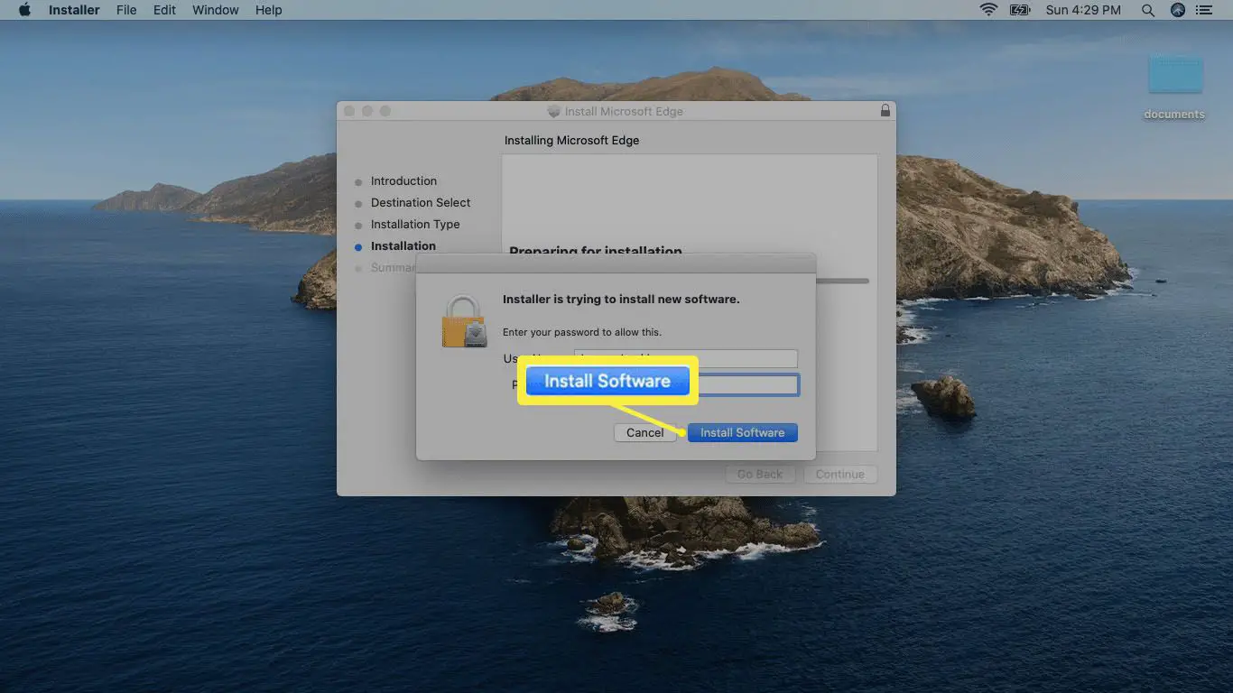 Uma captura de tela dando permissão de instalação no Mac.