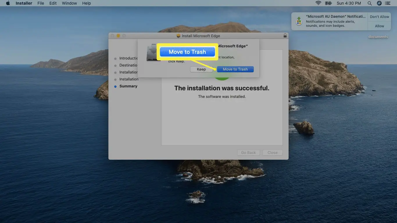 Uma captura de tela de exclusão do instalador do Edge no Mac.