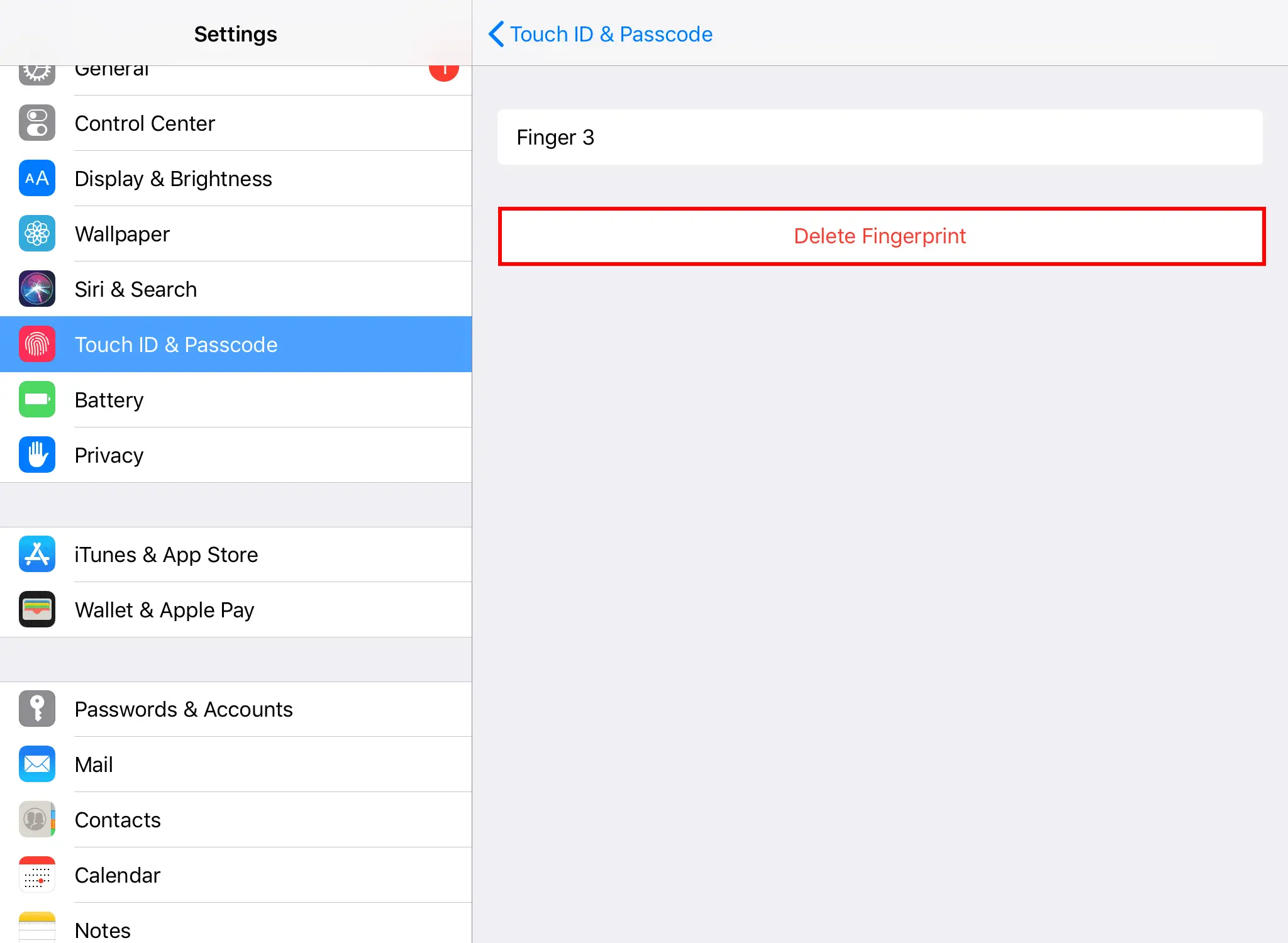 Captura de tela mostrando como excluir uma impressão digital em um iPad