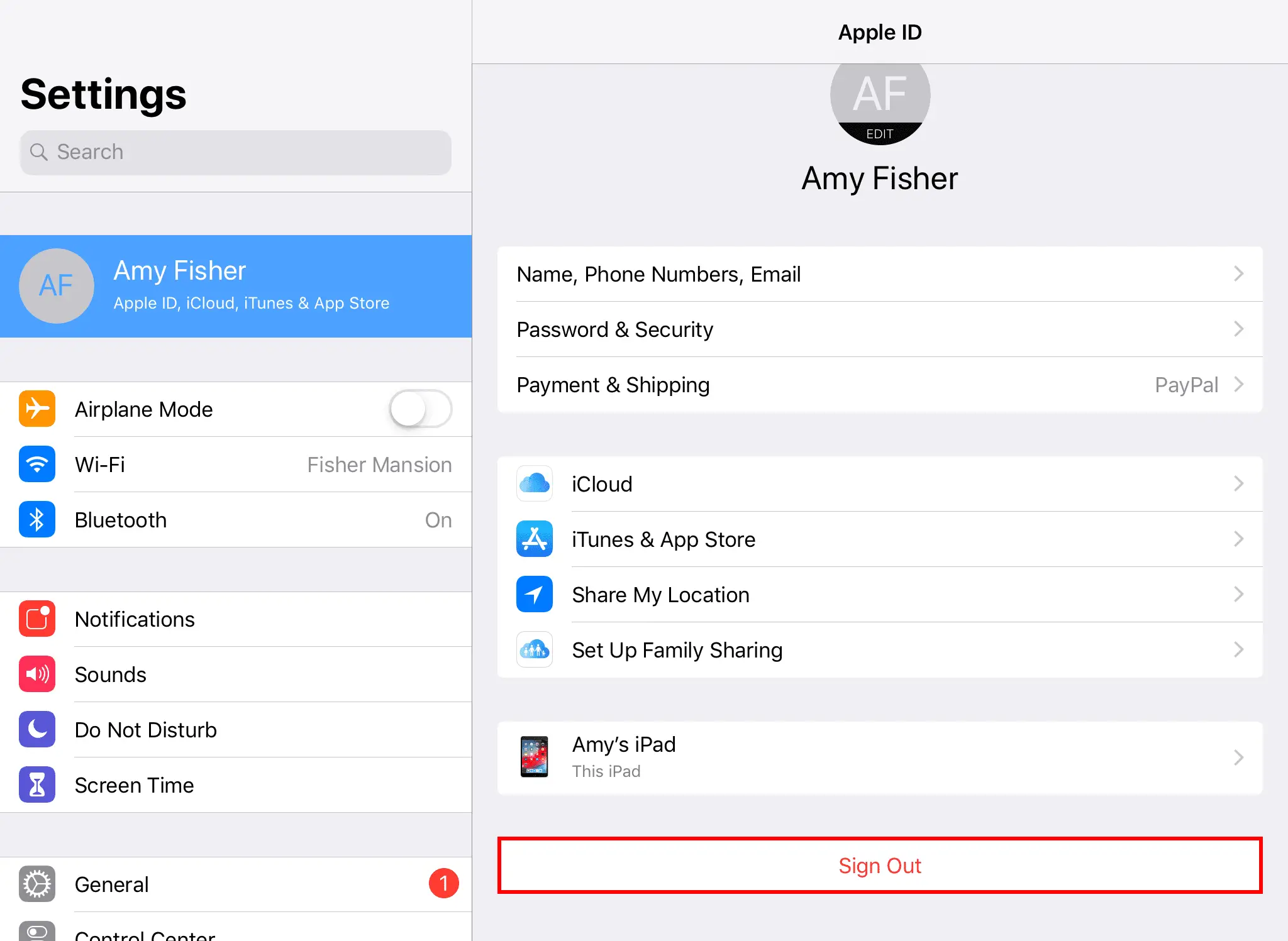 Captura de tela mostrando como sair de uma conta da Apple em um iPad